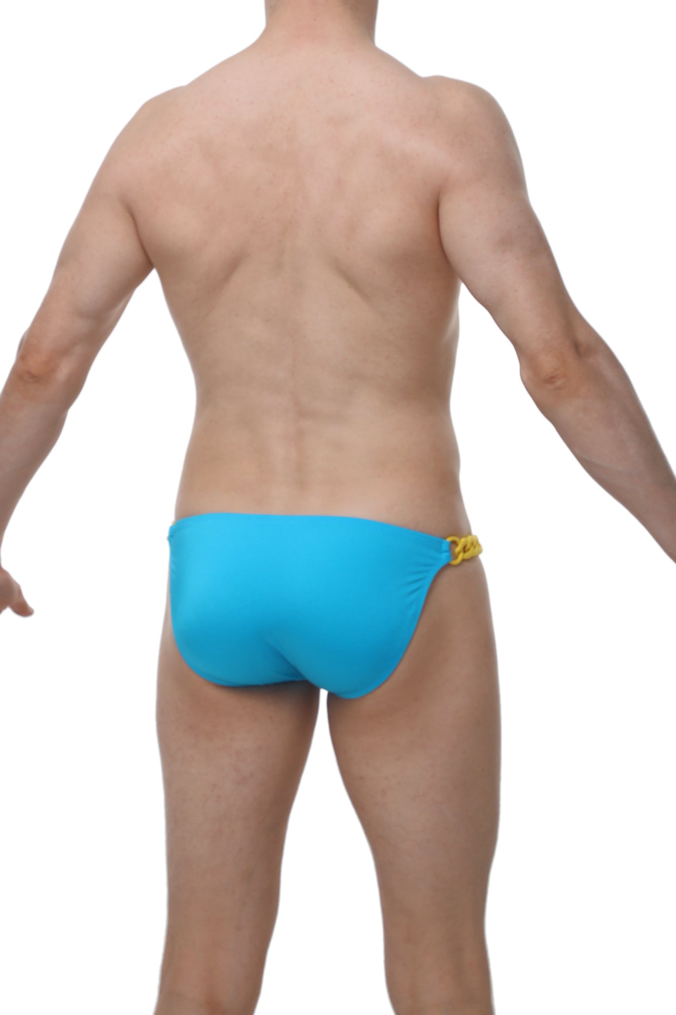 Bright blue swim trunks with yellow chain detail on the side from the Bikini Chains Joe Turquoise collection