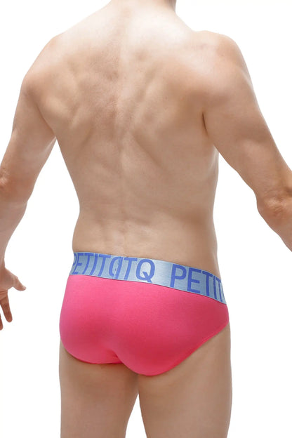 Bikini lagny modal fuchsia bright pink briefs with light blue elastic waistband featuring petitbq logo repeating