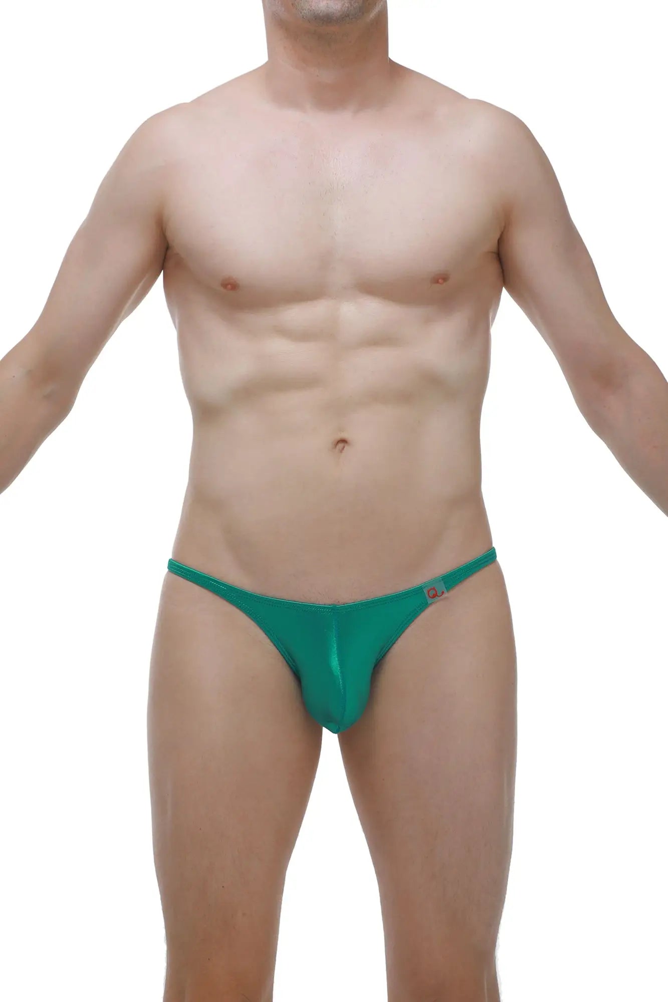 Green form-fitting bikini lhery satin thong made of smooth fabric with a small logo on the side back view