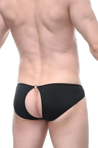 Black form-fitting bikini briefs with a back cutout and small metal ring detail by manol