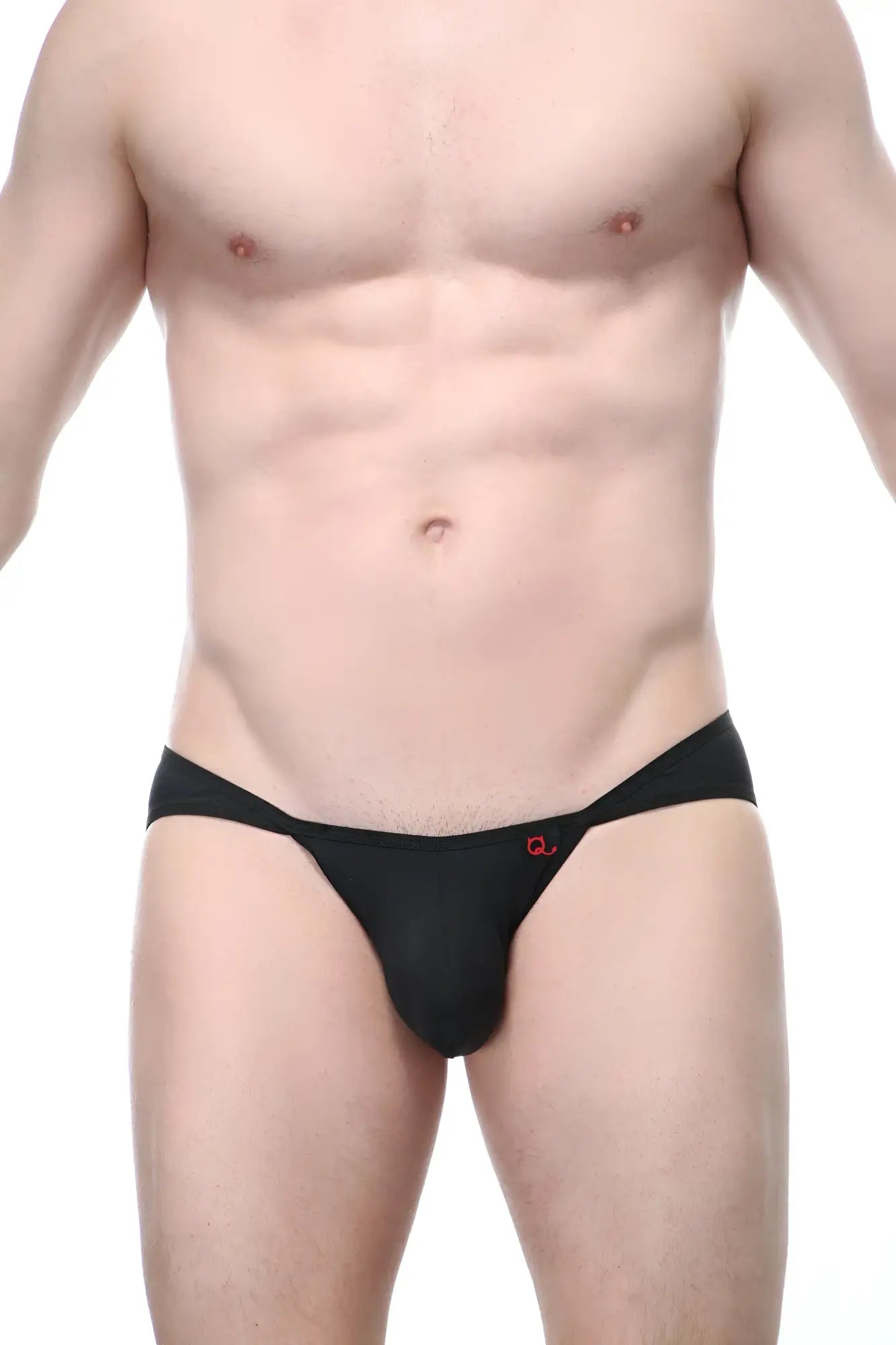 Black men’s bikini briefs manol ring with a red logo on the front in black fabric for everyday wear