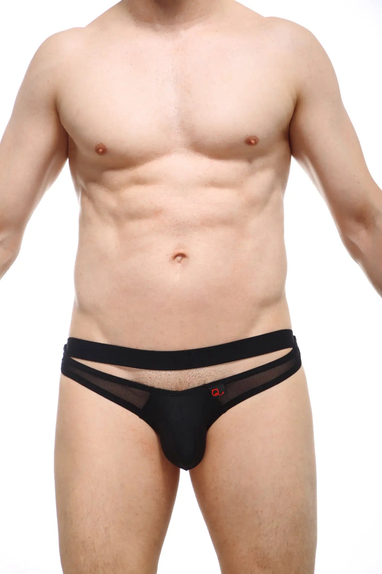 Bikini mardie black briefs in black mesh and solid fabric with a red logo on the side