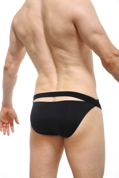 Bikini mardie black swim trunks shown from the back with sleek design and two horizontal elastic bands