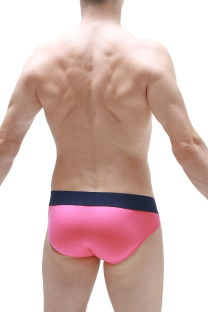 Bikini mega bulge fuchsia bright pink briefs with contrasting navy blue waistband for bold comfort and style