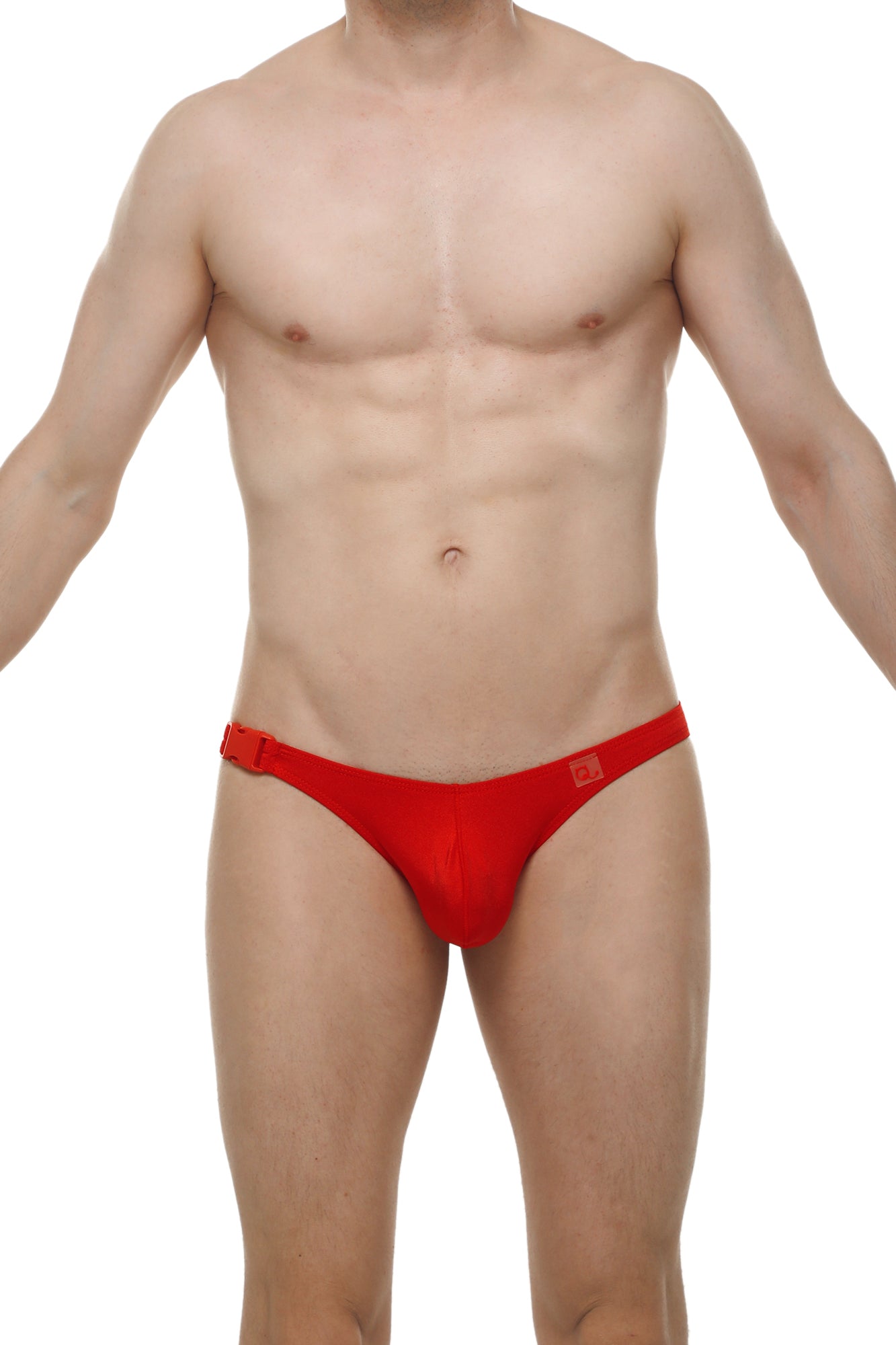 Red men’s bikini clip joe briefs with snug fit and small square logo on the side