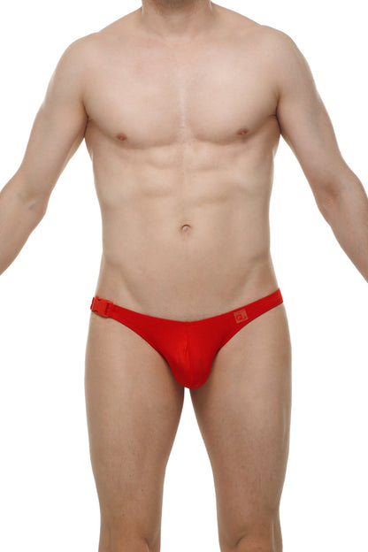 Red men’s bikini clip joe briefs with snug fit and small square logo on the side