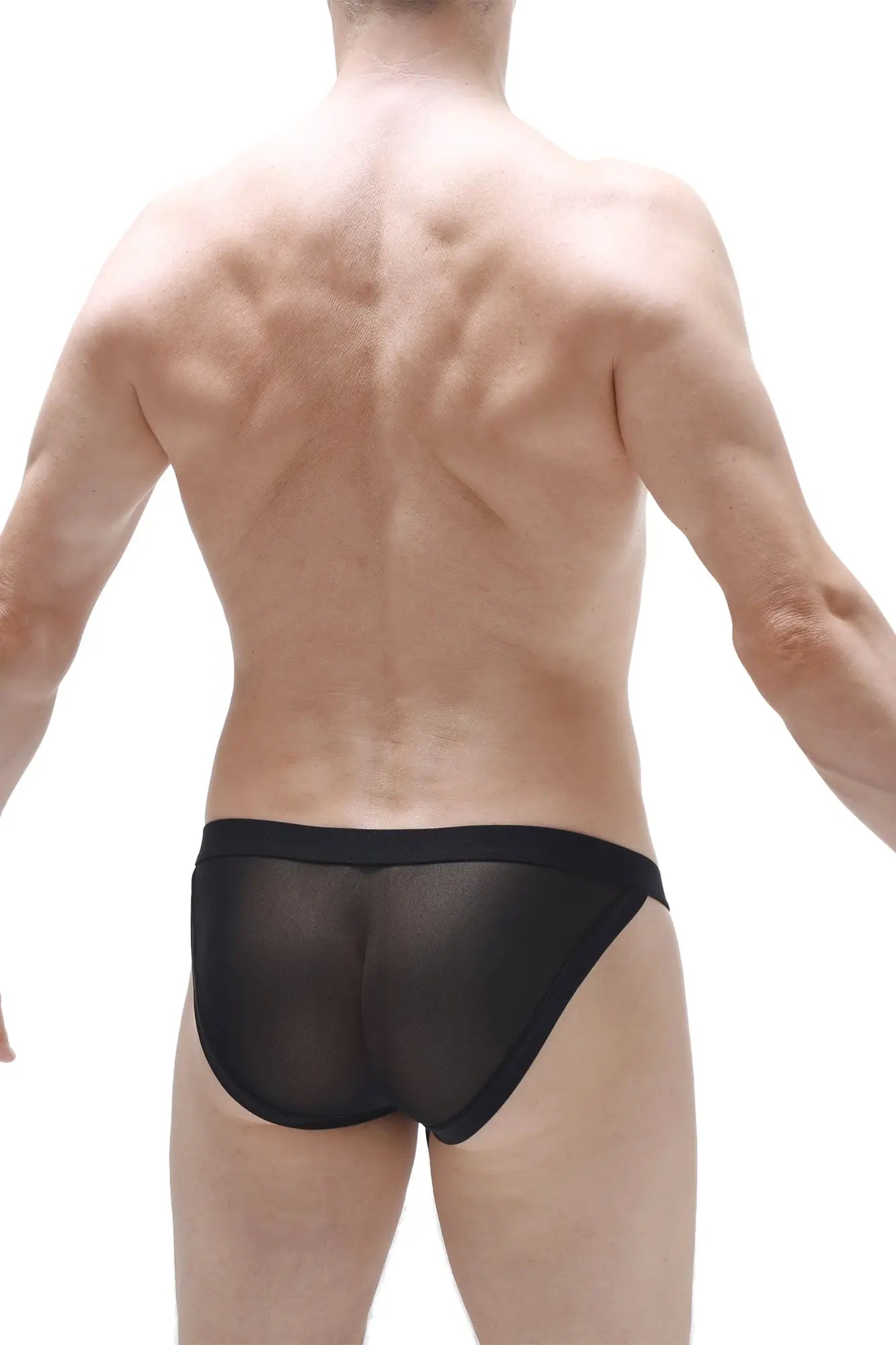 Black sheer mesh briefs with solid black waistband bikini merpins net black front view