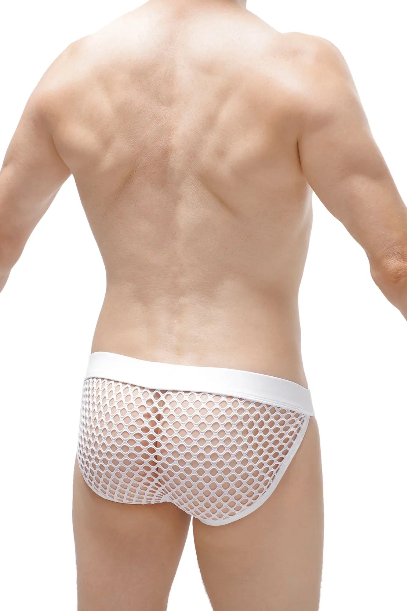 White mesh bikini briefs with a solid white waistband made from breathable mesh fabric for comfortable wear