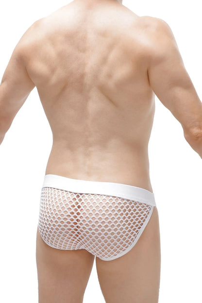 White mesh bikini briefs with a solid white waistband made from breathable mesh fabric for comfortable wear