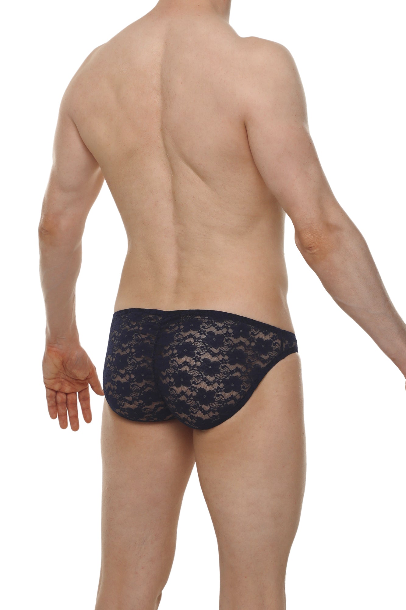 Black lace bikini briefs with a delicate floral pattern in navy from the Murlin lace collection