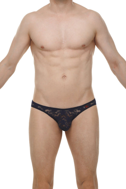 Black lace thong bikini murlin lace navy with intricate floral pattern and small red logo on waistband