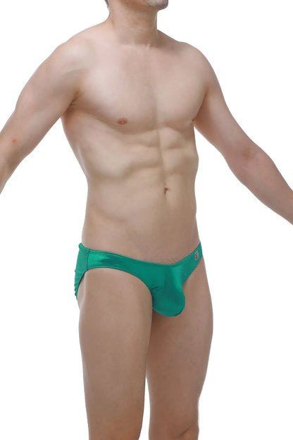 Emerald green satin bikini murlin briefs with a sleek form fitting design shown from the back side