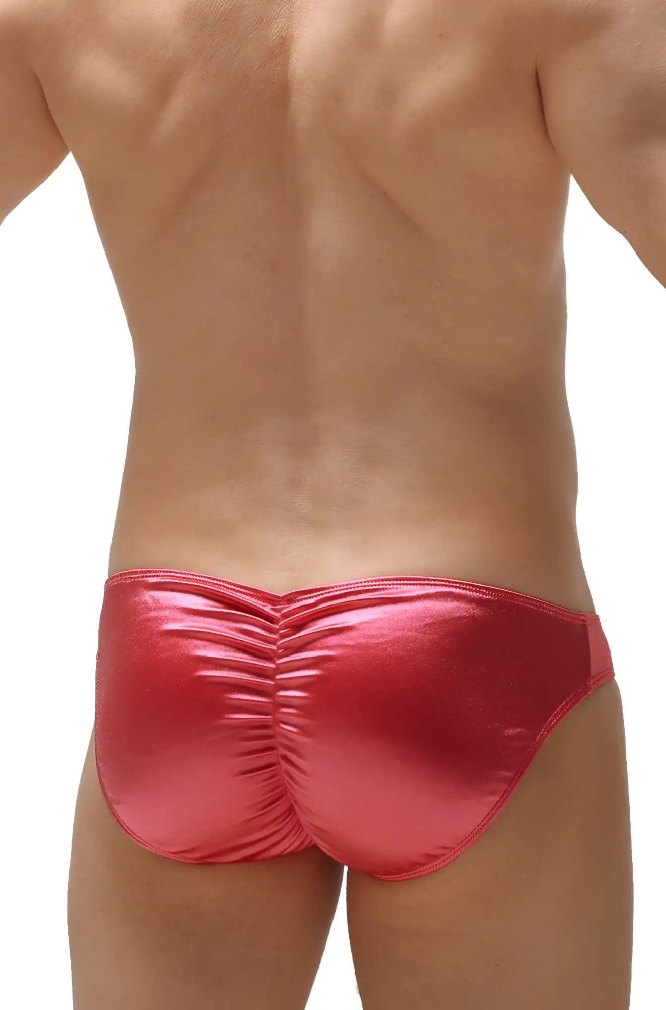 Shiny red metallic bikini murlin satin pink briefs with ruched back design shown from the back side