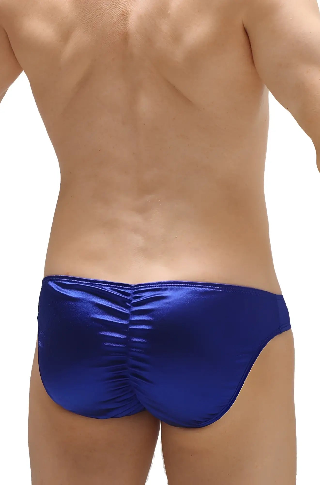 Back view of royal blue satin swim trunks with ruched back design from bikini murlin satin sapphire collection
