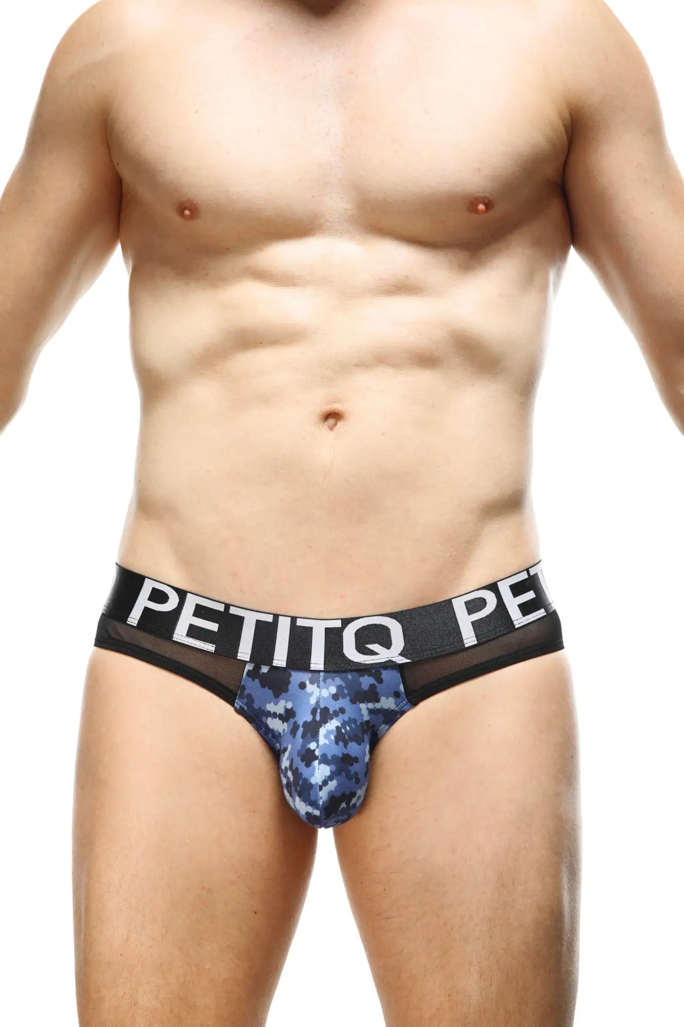 Blue camouflage-patterned petitq men’s bikini briefs with black waistband and white lettering in north camo blue