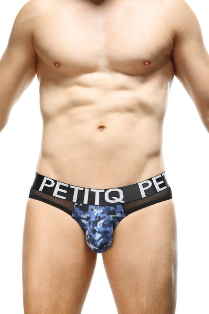 Blue camouflage-patterned petitq men’s bikini briefs with black waistband and white lettering in north camo blue