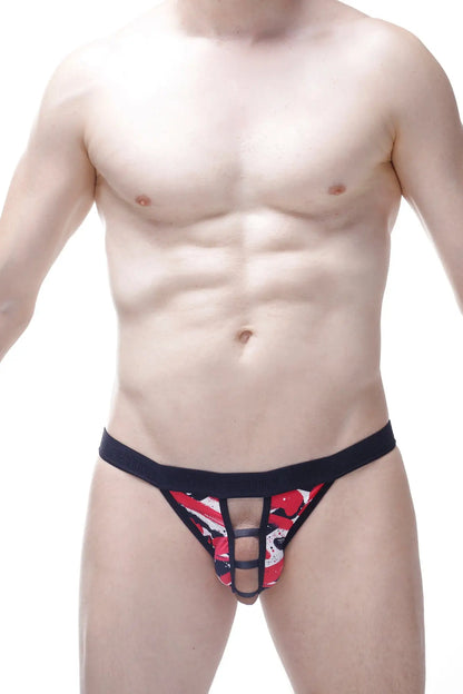 Black and red patterned bikini open chick thong with central cutout design for bold swimwear looks
