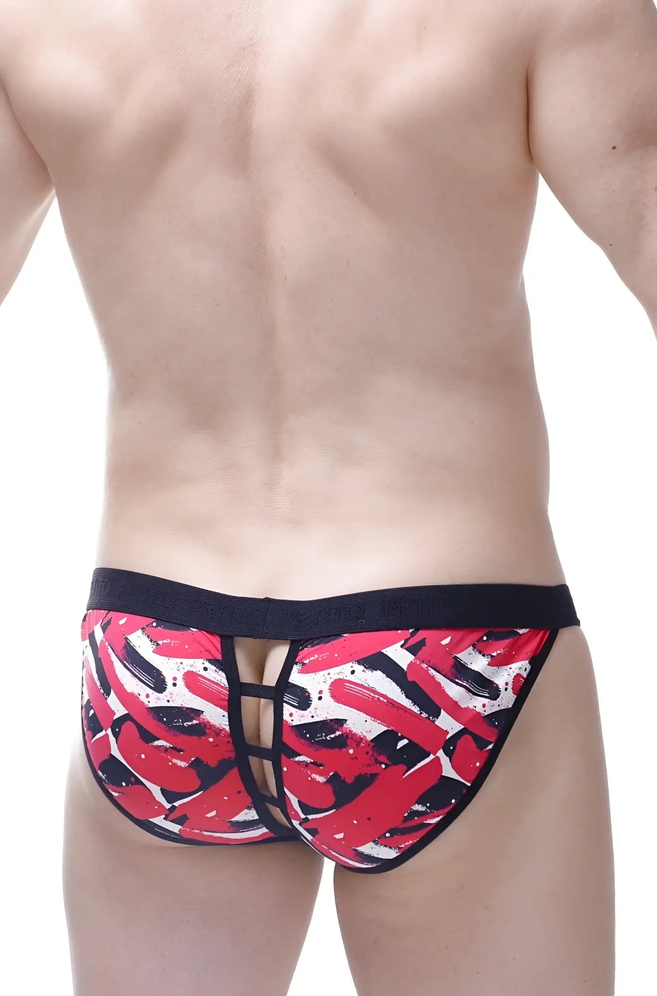 Red and black abstract brushstroke patterned bikini open chick men’s briefs with black elastic waistband front view