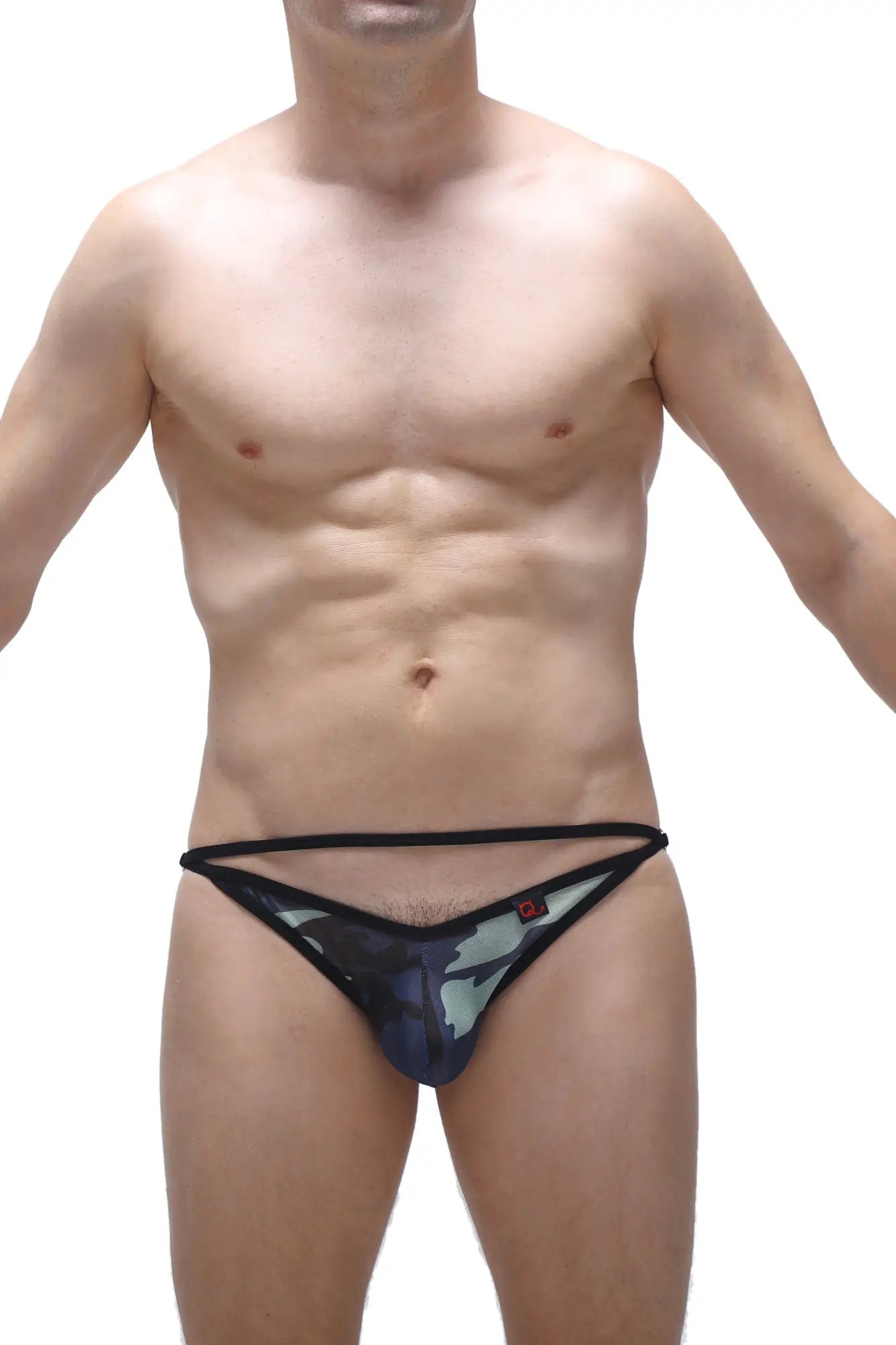 Black and gray camouflage-patterned thong with thin elastic waistband from bikini orbar net camo collection