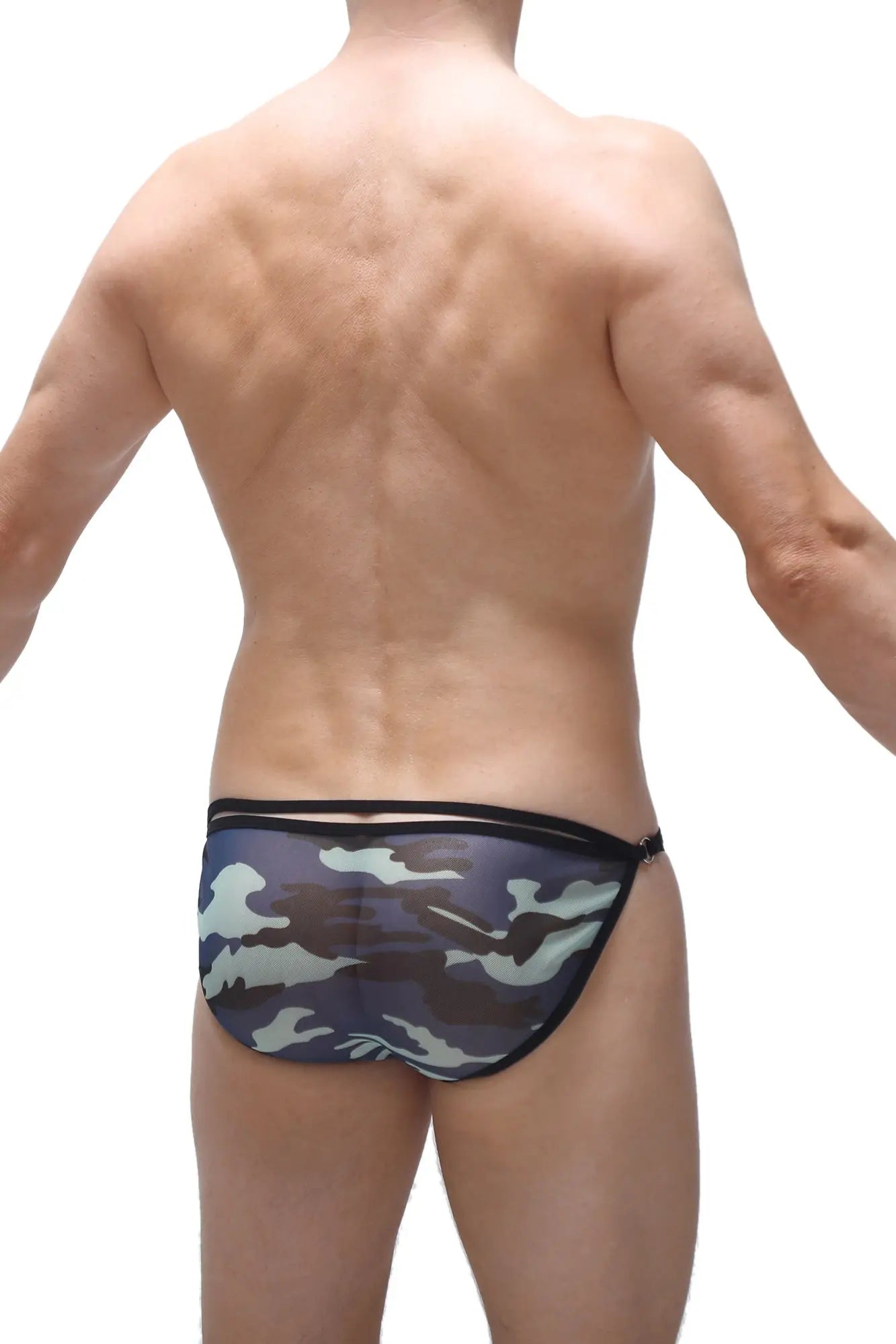 Bikini orbar net camo camouflage-patterned briefs with black trim in a breathable mesh fabric