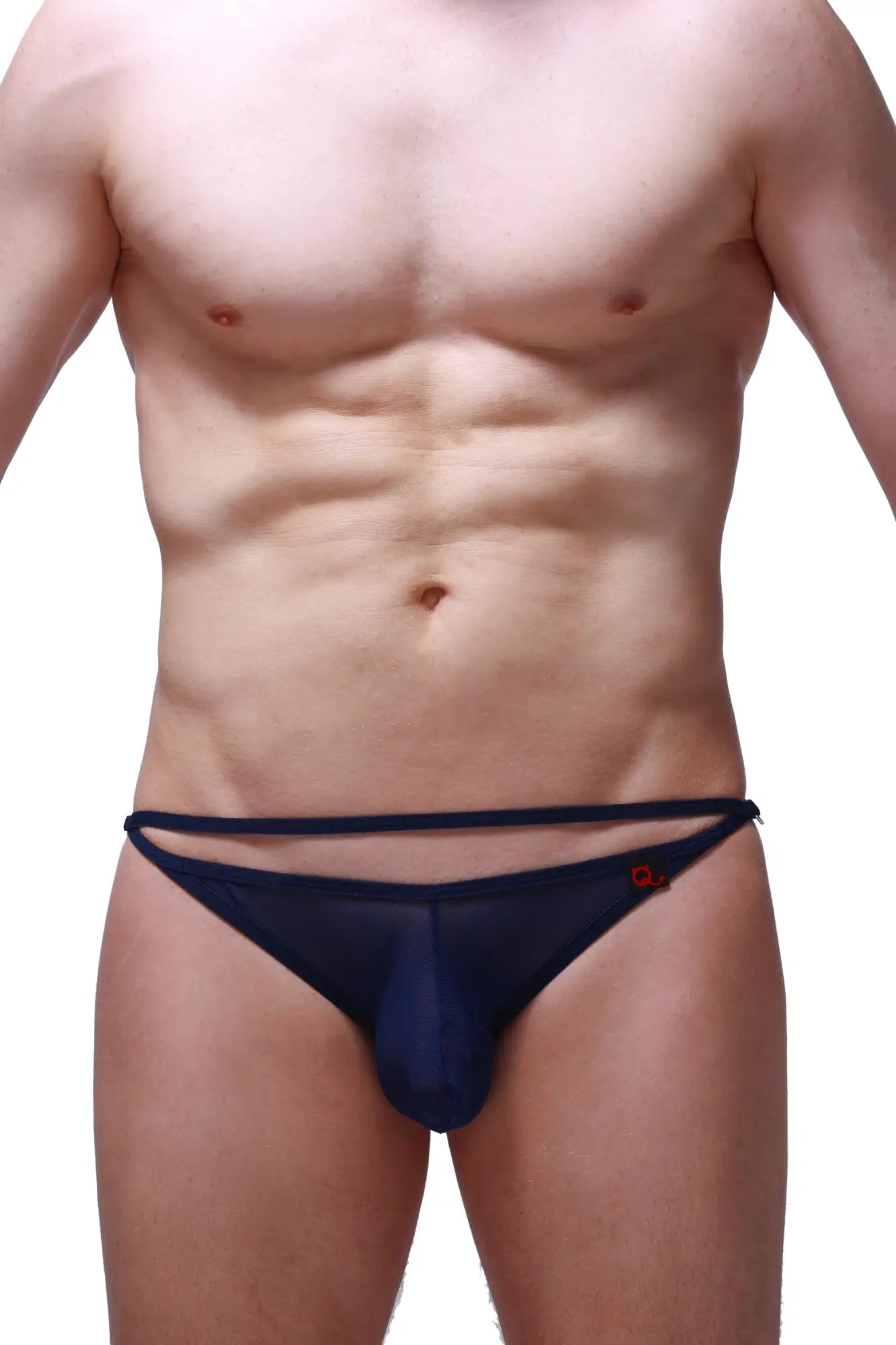 Navy blue sheer mesh thong bikini orbar net navy with thin elastic waistband and small red logo on the side