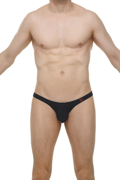 Black men’s thong bikini dome plum black with a small red logo on the waistband shown from the back side