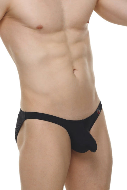 Black men’s thong bikini dome plum black with snug form-fitting design and small red logo on waistband front view