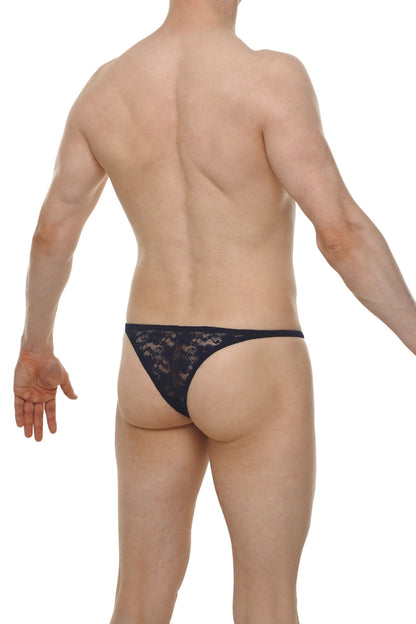 Black lace thong bikini plellis lace navy with intricate floral pattern made from delicate lace material