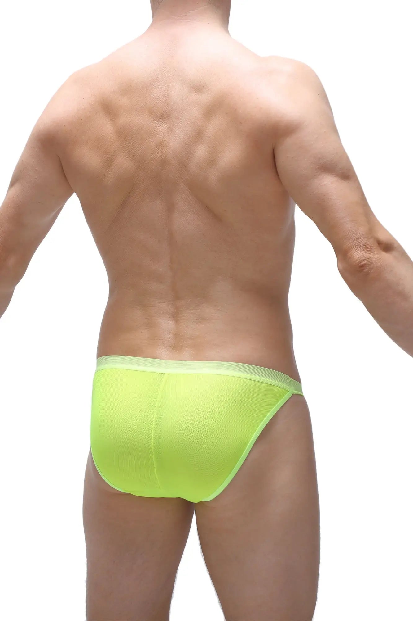 Bright neon yellow bikini plaintel net briefs with smooth form-fitting design in neon green