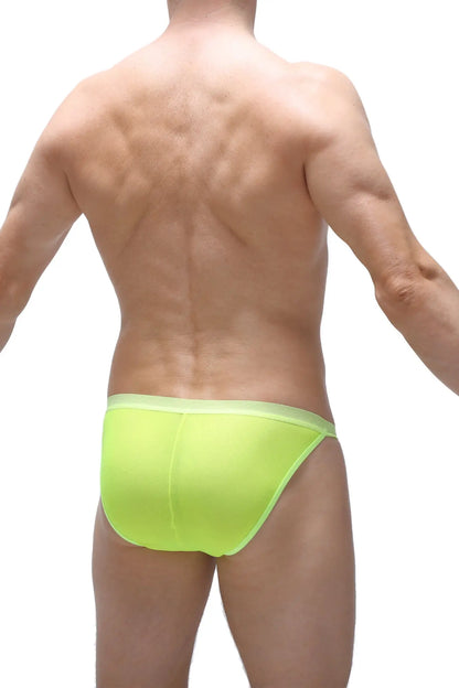 Bright neon yellow bikini plaintel net briefs with smooth form-fitting design in neon green