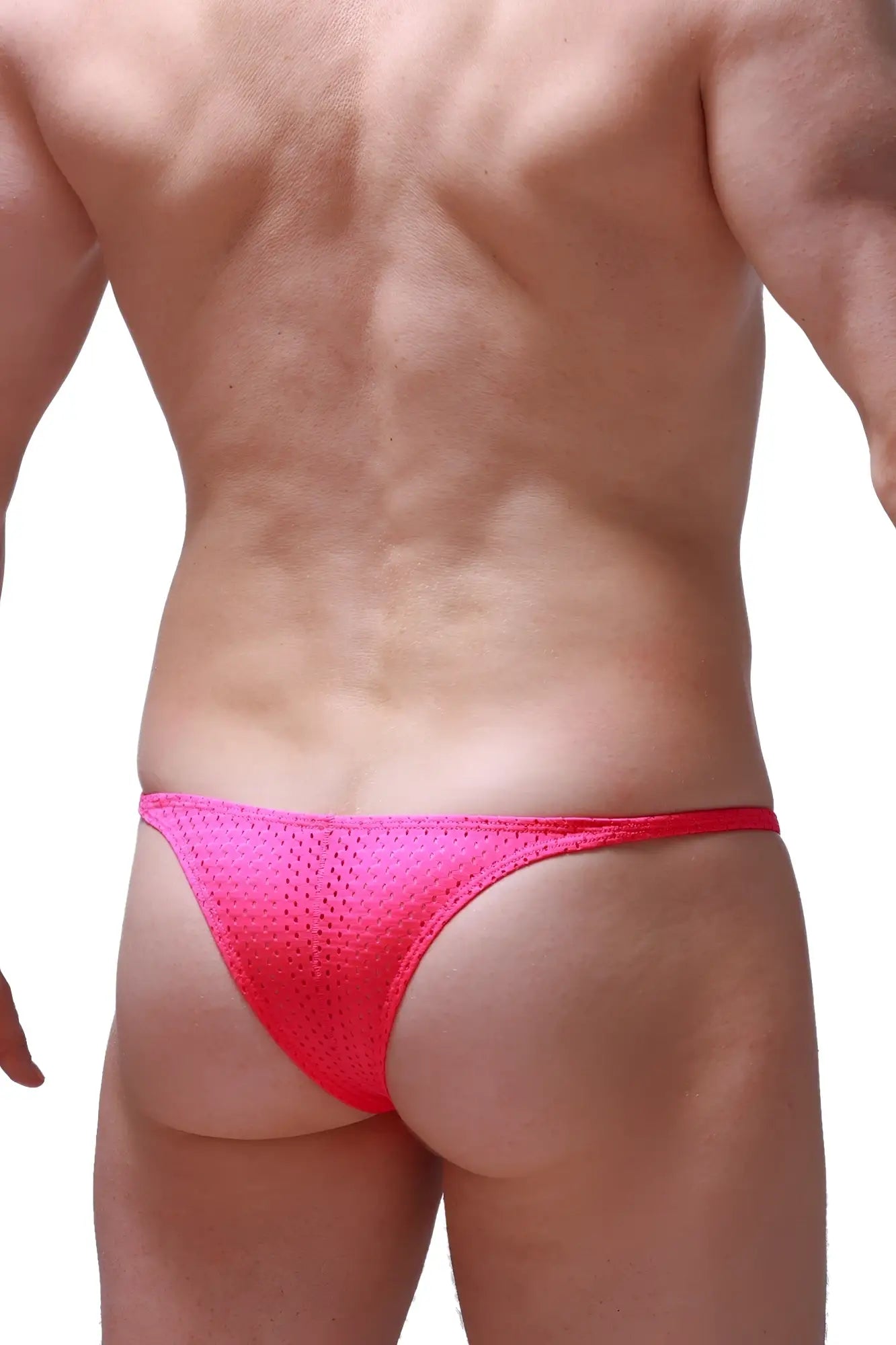 Bright pink mesh thong bikini plellis bee pink with a snug form-fitting design shown from the back side