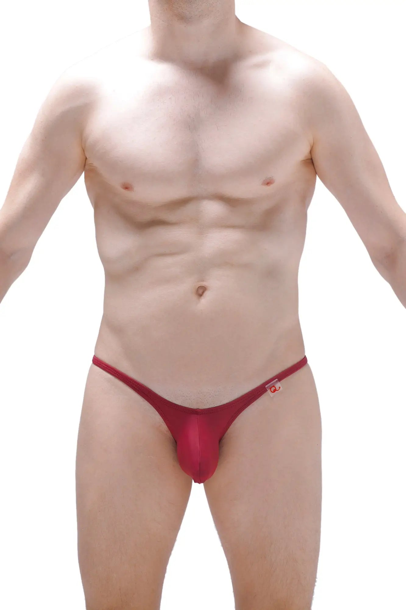 Red form-fitting thong bikini plellis burgundy with a small logo on the sideband shown from the back side