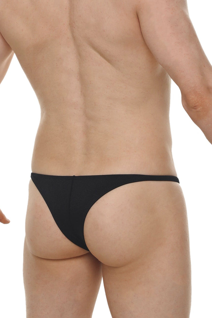 Black thong bikini plellis joe made of smooth stretchy fabric with narrow waistband shown from the back side
