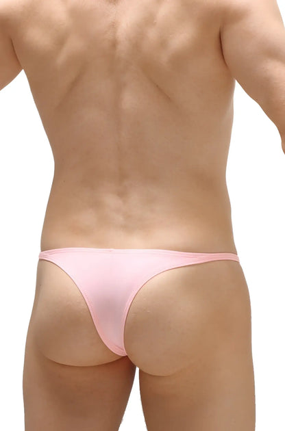 Pink thong bikini plellis joe made of smooth stretchy fabric with minimalist design shown from the back side