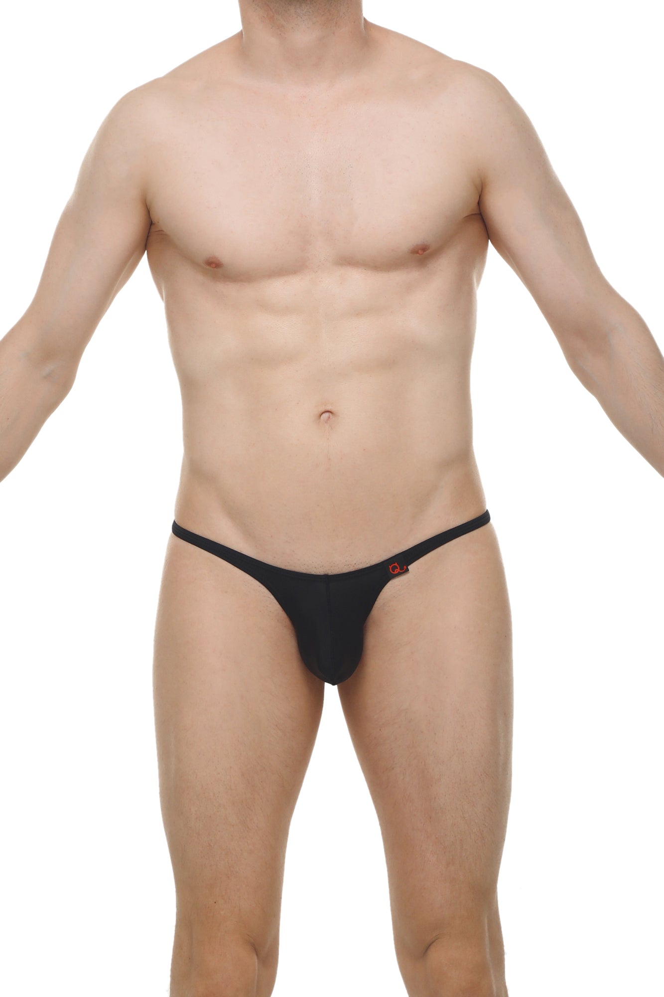 Black thong bikini plellis plum black with small red logo on the side showing front view