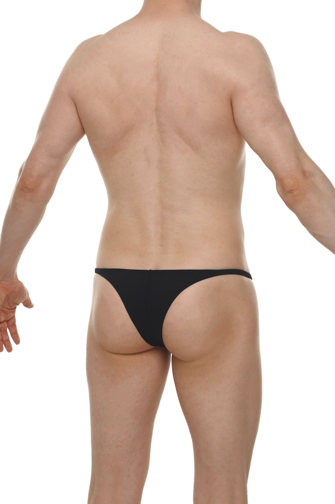 Black form-fitting thong bikini plellis made of smooth fabric shown from the back side