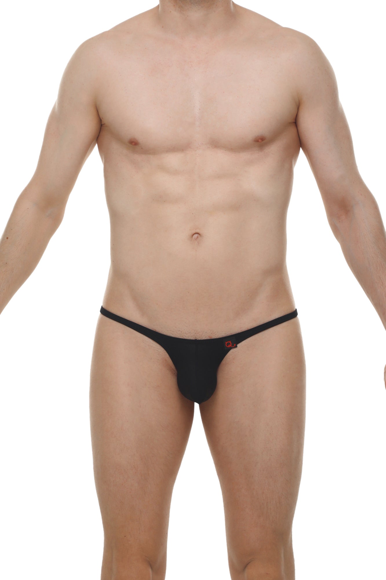 Black thong bikini plellis with a small red logo on the front in sleek fabric