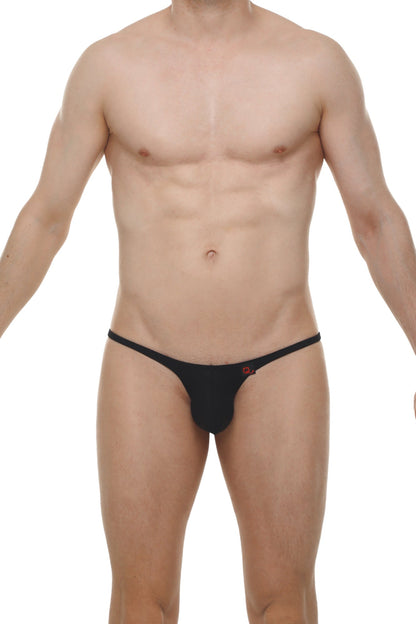 Black thong bikini plellis with a small red logo on the front in sleek fabric