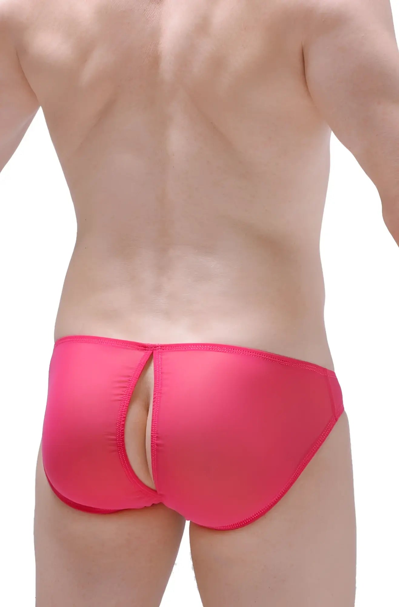 Bright pink sleek form-fitting bikini poncy net fuchsia swim trunks with a distinctive central back cutout