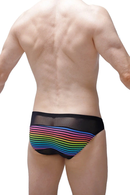 Black mesh Bikini Prix Monti briefs with vibrant wavy rainbow stripes across the front for bold comfort and style