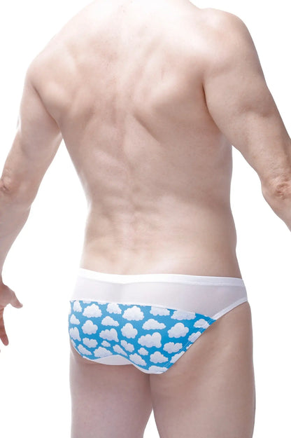 Blue and white cloud patterned swim trunks with a solid white waistband from bikini prix nuage collection
