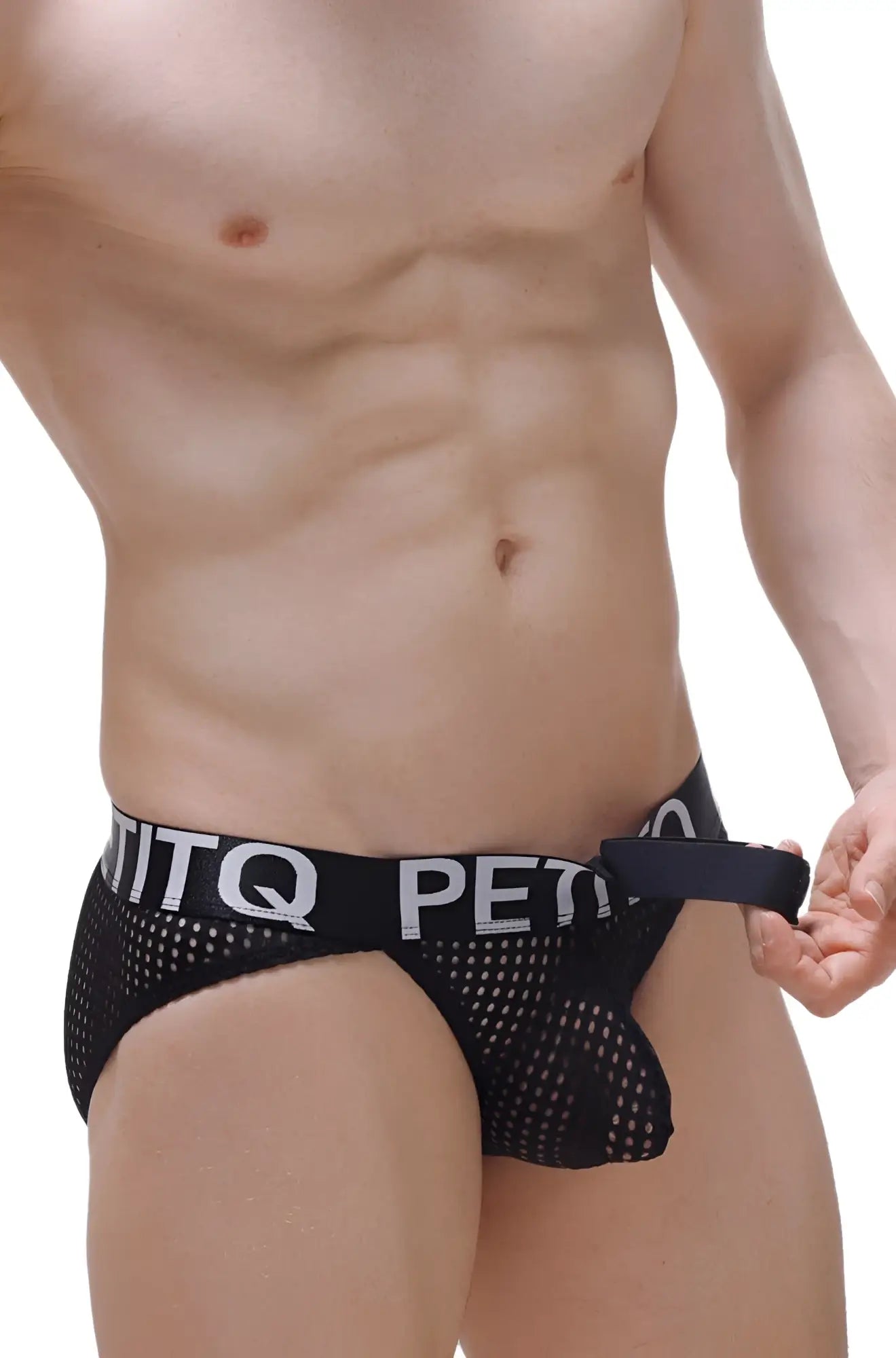 Black mesh briefs bikini protruder durtol with wide elastic waistband and white petitq lettering