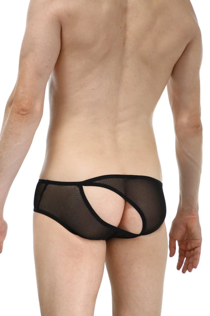 Black sheer mesh briefs bikini rift net black with cutout design showing the back side of the product