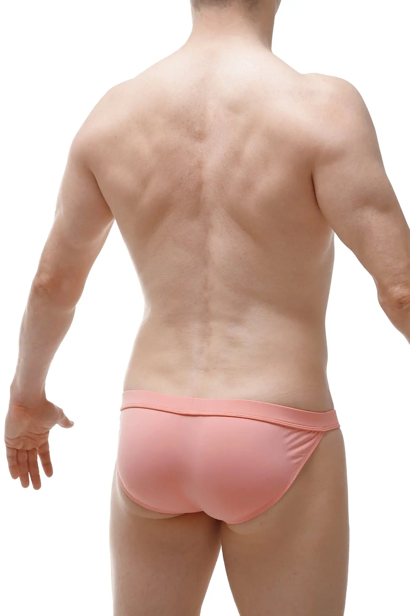 Pink bikini sillas econyl athletic briefs with smooth form-fitting fabric and elastic waistband shown from the back
