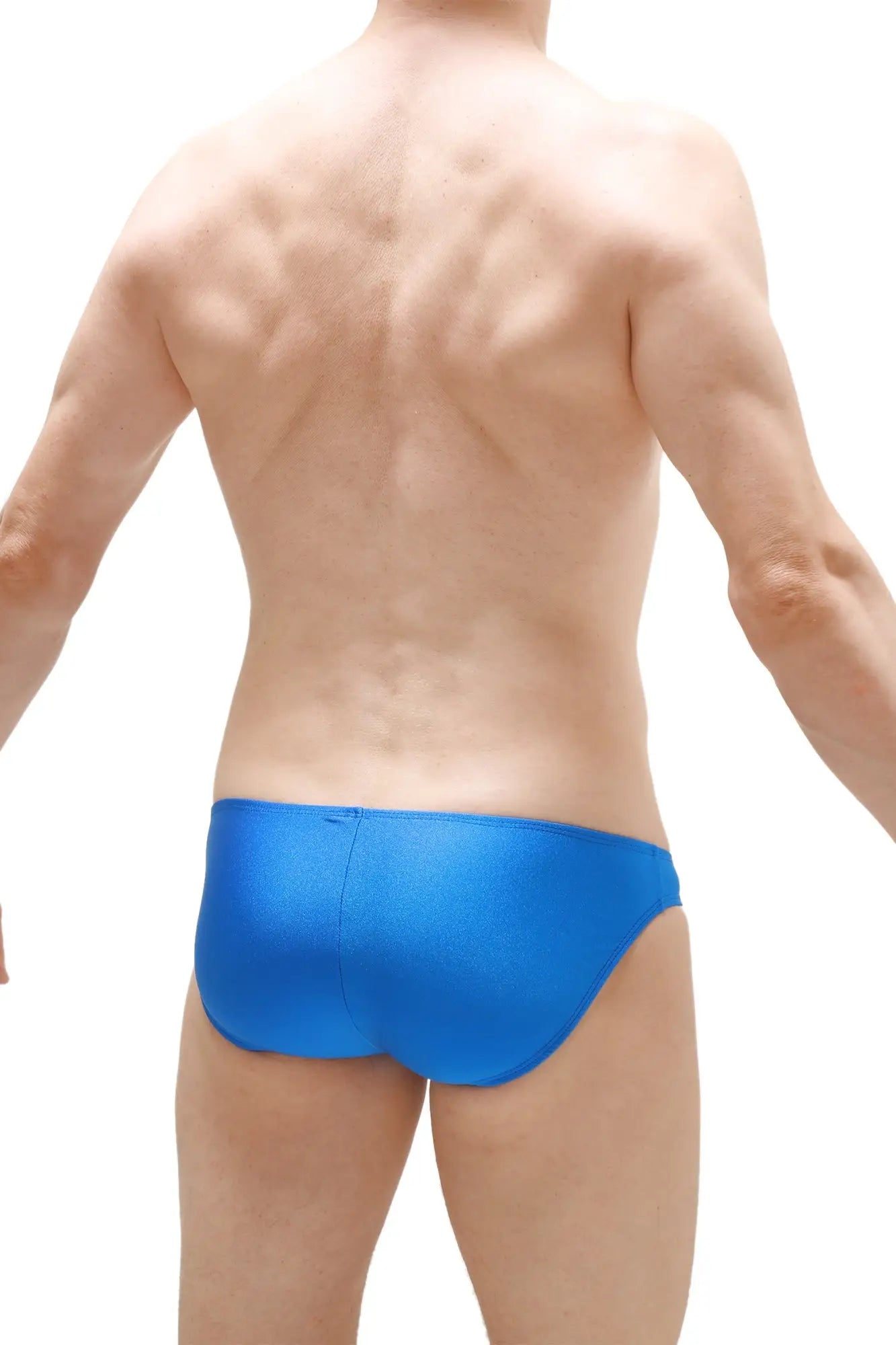 Bright blue bikini taik joe swim trunks with a sleek smooth form-fitting design for comfortable swimming