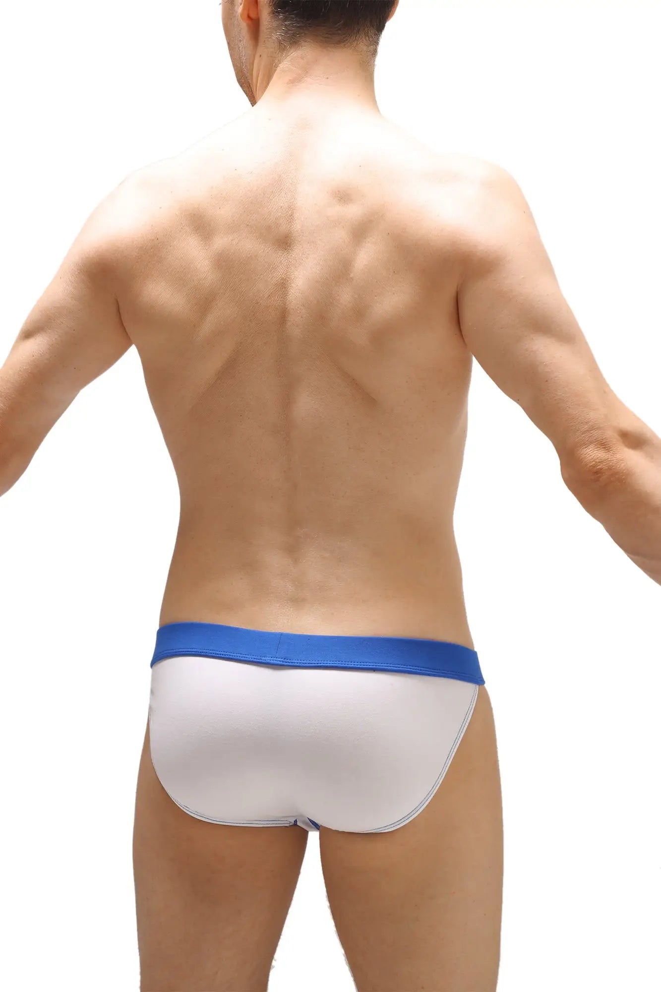 White bikini briefs with pad featuring a solid blue waistband for comfortable everyday wear