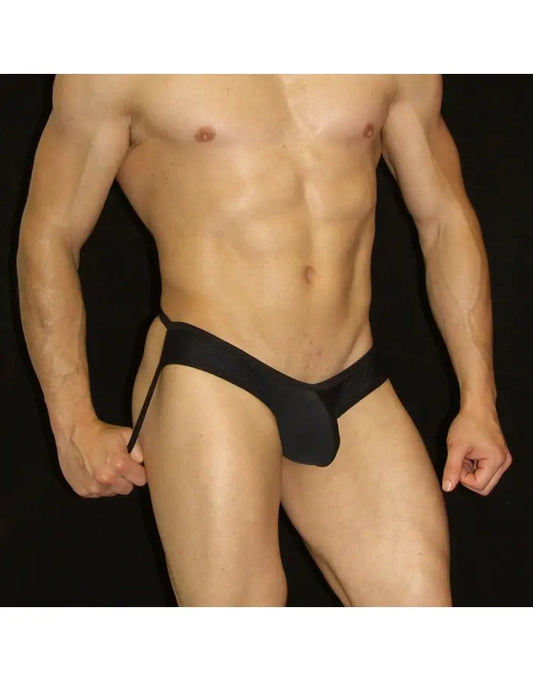 Black half bikini jockstrap underwear by Arroyman featuring a minimal design and elastic waistband shown on a model.