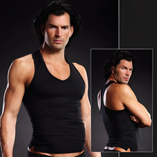 Black form-fitting seamless v neck tank top made of microfiber with pinstripe design size S/M by Blue Line Performance