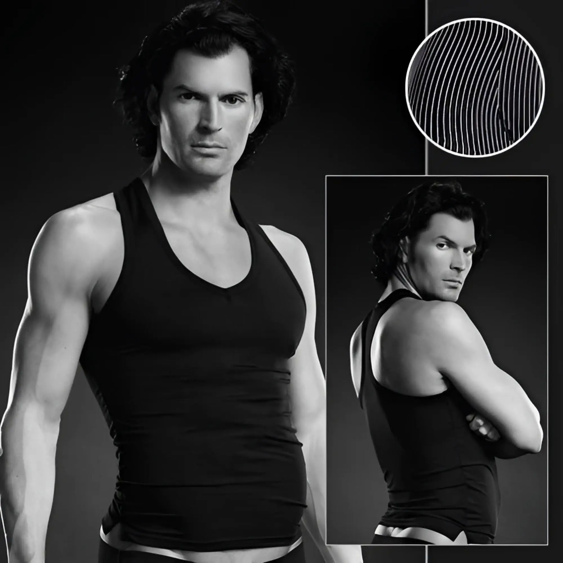 Black fitted v neck tank top in microfiber pinstripe material from blue line performance in size l/xl