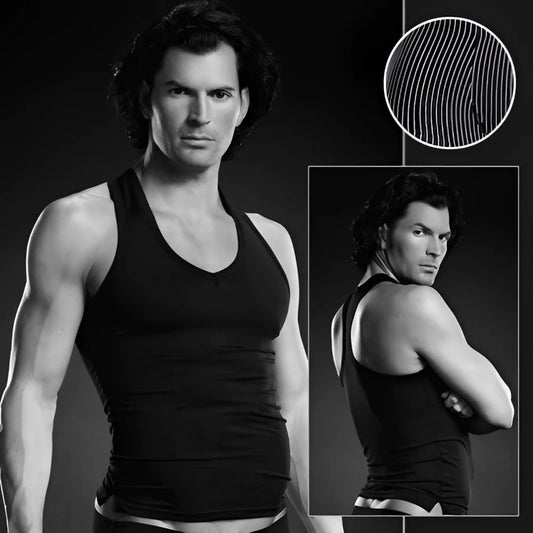 Black fitted v neck tank top in microfiber pinstripe material from blue line performance in size l/xl